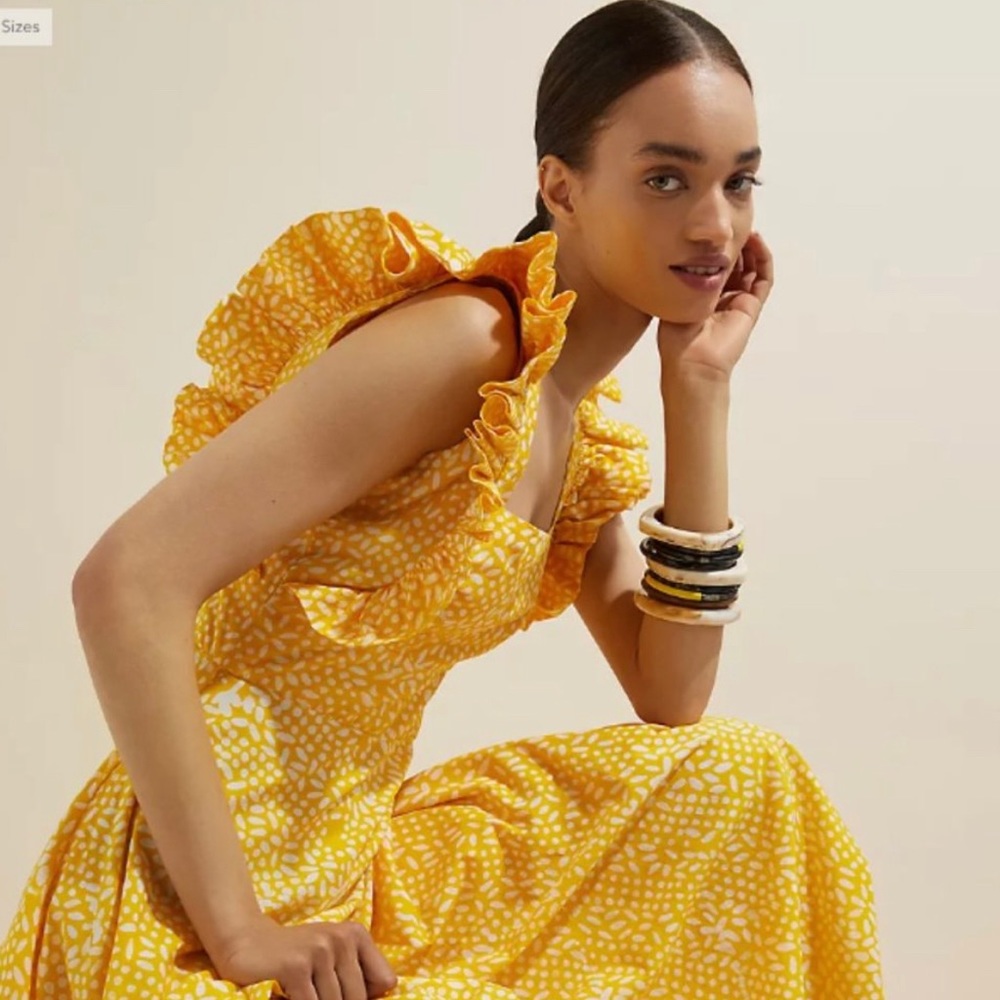 SIKA x Anthropologie Marigold Yellow White Ruffled Sleeve Maxi Dress - Picture 2 of 12